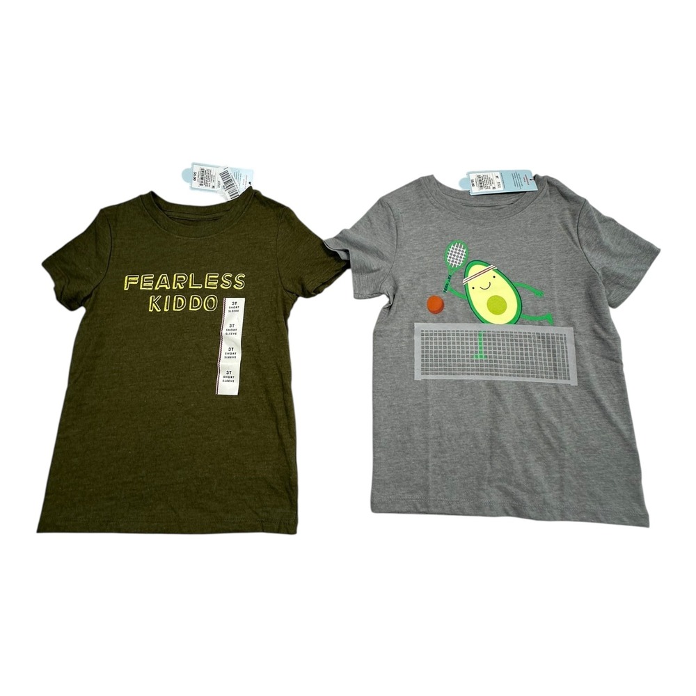 Cat & Jack Kids 3T T-Shirts Olive Green Fearless Kiddo Avocado Tennis 2 Pack NWT
